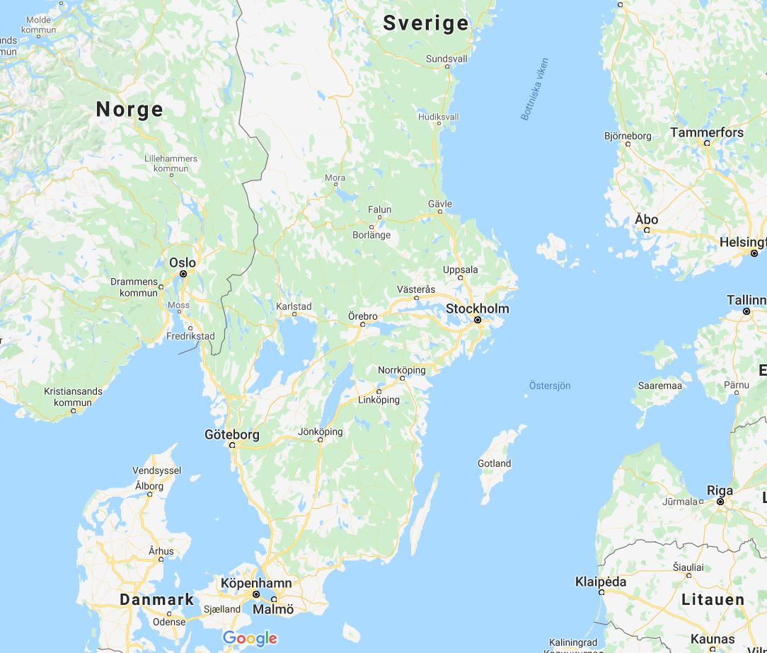 Karta över Sverige och närliggande länder - från Google