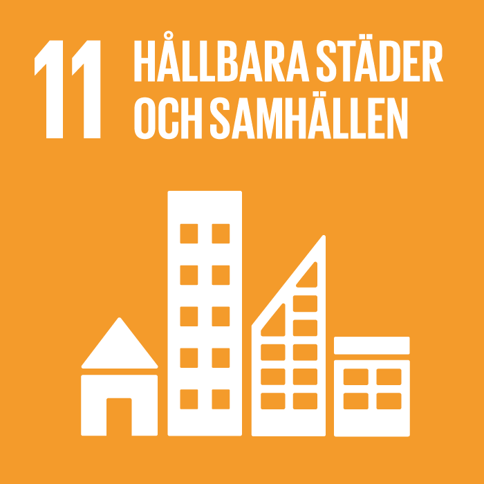 Nr 11, och texten hållbara städer och samhällen på en orange bakgrund. Under texten finns stiliserade vita byggnader